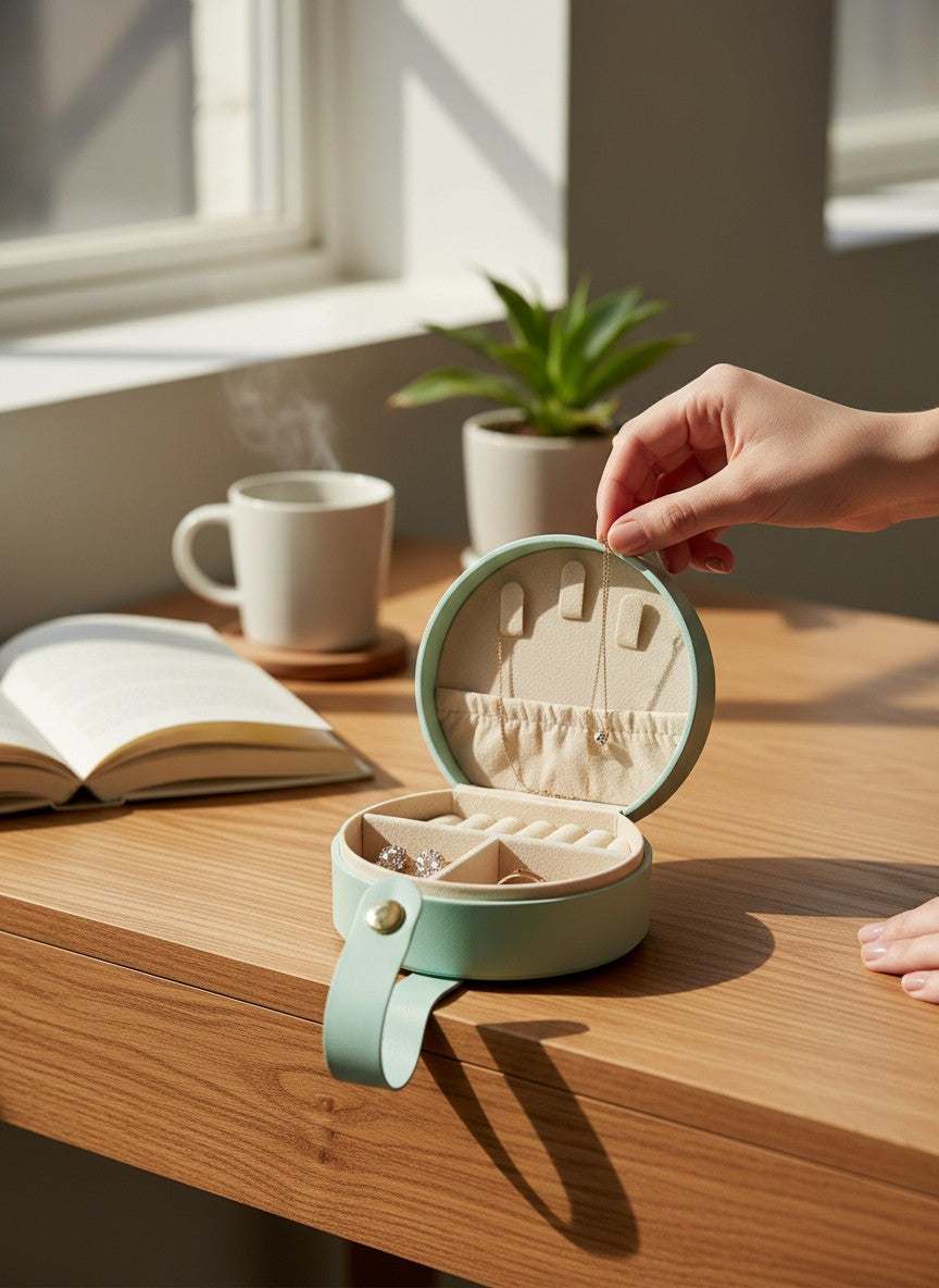 Round Travel Jewelry Box, Vegan Leather