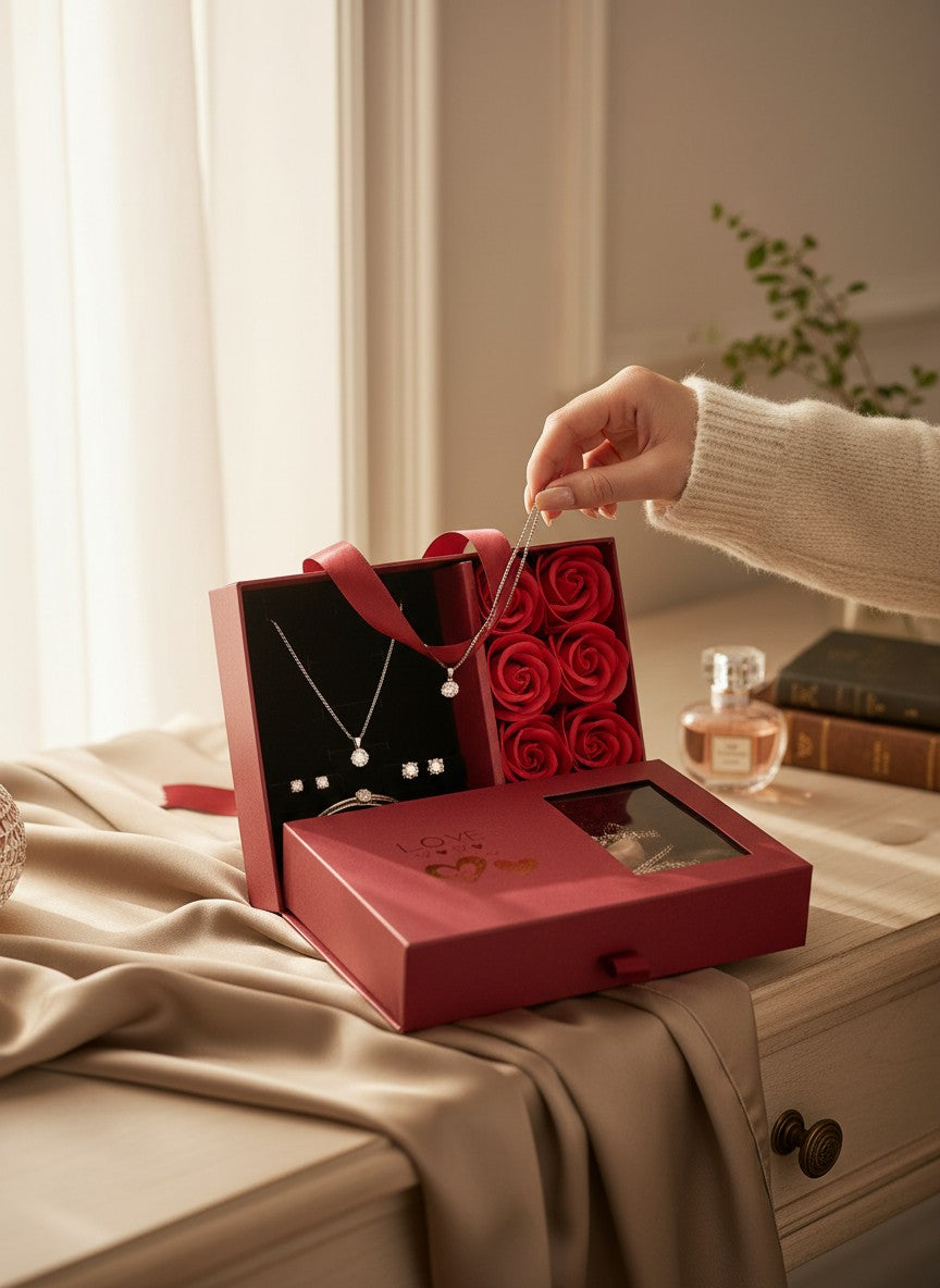 Rose Flower Jewelry Gift Box with Ribbon Handle, Red