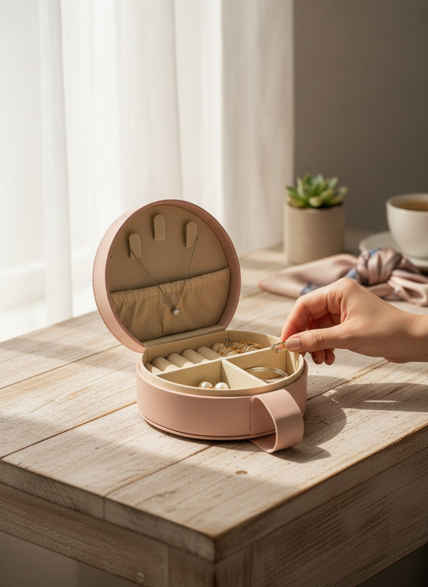 Round Travel Jewelry Box, Vegan Leather