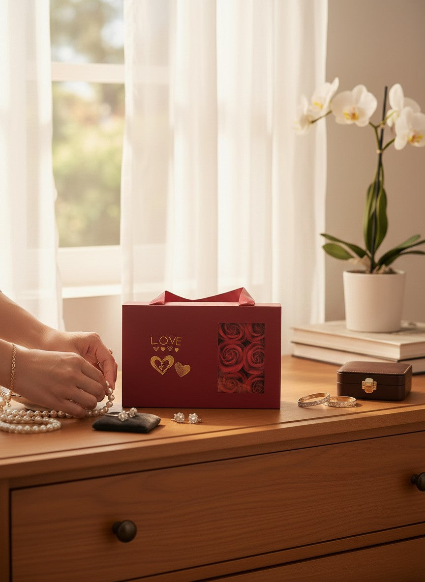 Rose Flower Jewelry Gift Box with Ribbon Handle, Red