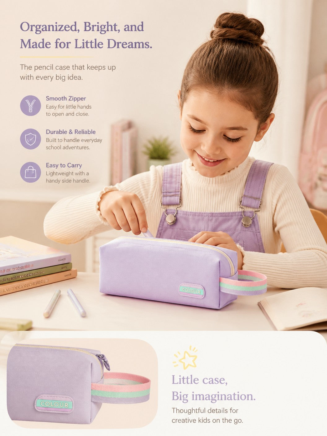 Colour Pencil Case Pouch, Pink, Canvas with Zipper | Rainbow Zipper Pull, Compact Box Style, Canvas Material, Kids &amp; Students, Pastel Design