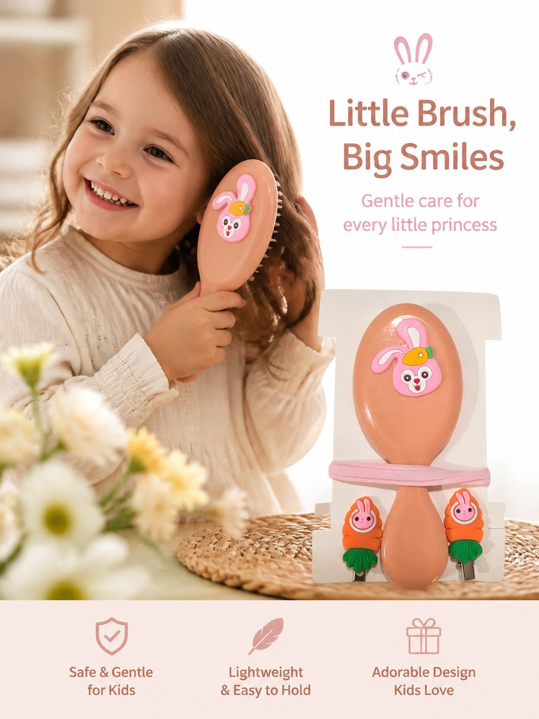 Girls Green Hair Brush Set with Clips and Hair Tie | 4-Piece Set, Cartoon Character Clips, Daisy Flower Design, Kids Hair Accessories, Mini Detangling Brush