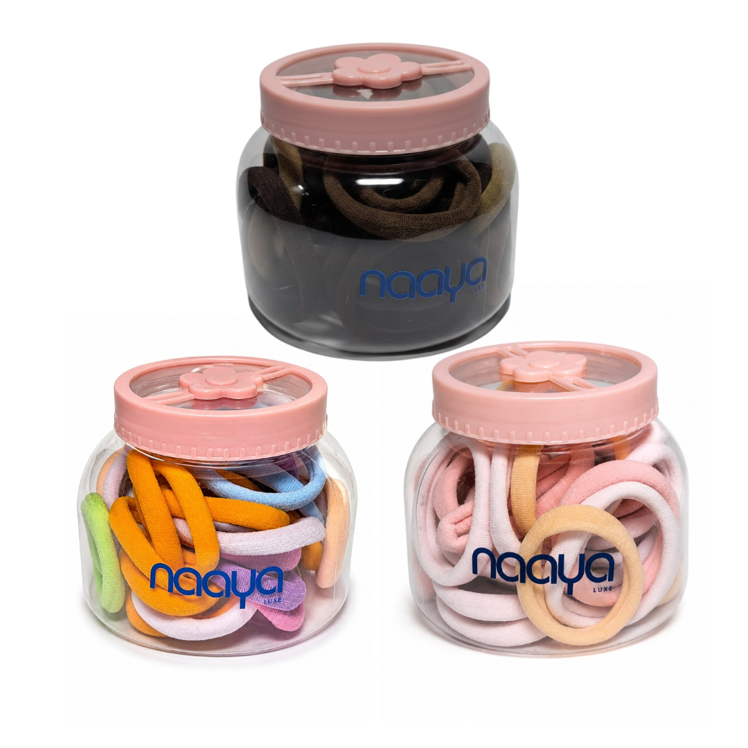 Soft Hair Ties in Storage Jar, Multicolour pack | Jar Of 3 | Set of Multiple Bands, Reusable Storage Jar, Pastel Shades, Gentle on Hair, Girls &amp; Women