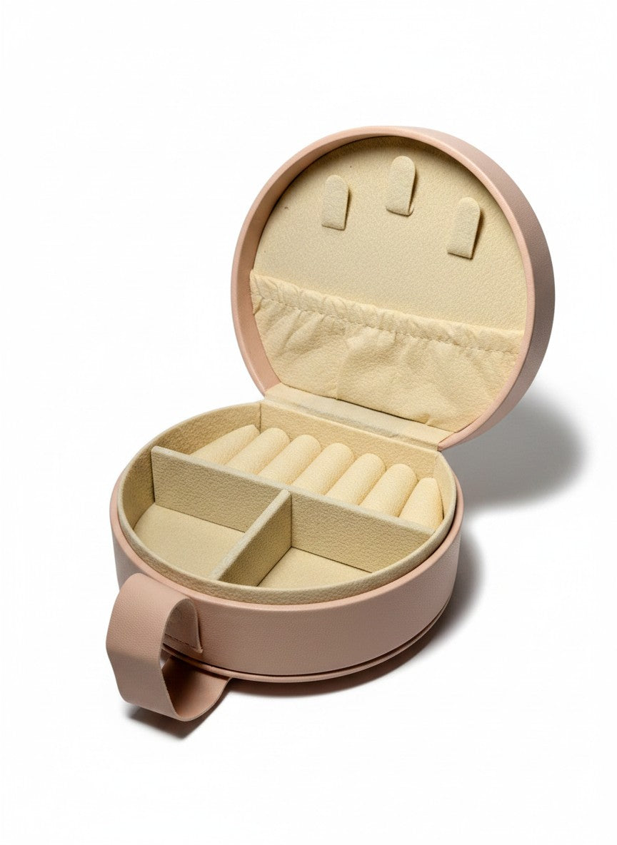 Round Travel Jewelry Box, Vegan Leather