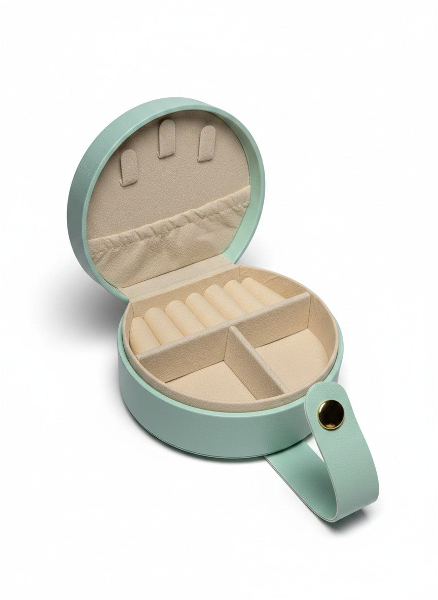 Round Travel Jewelry Box, Vegan Leather