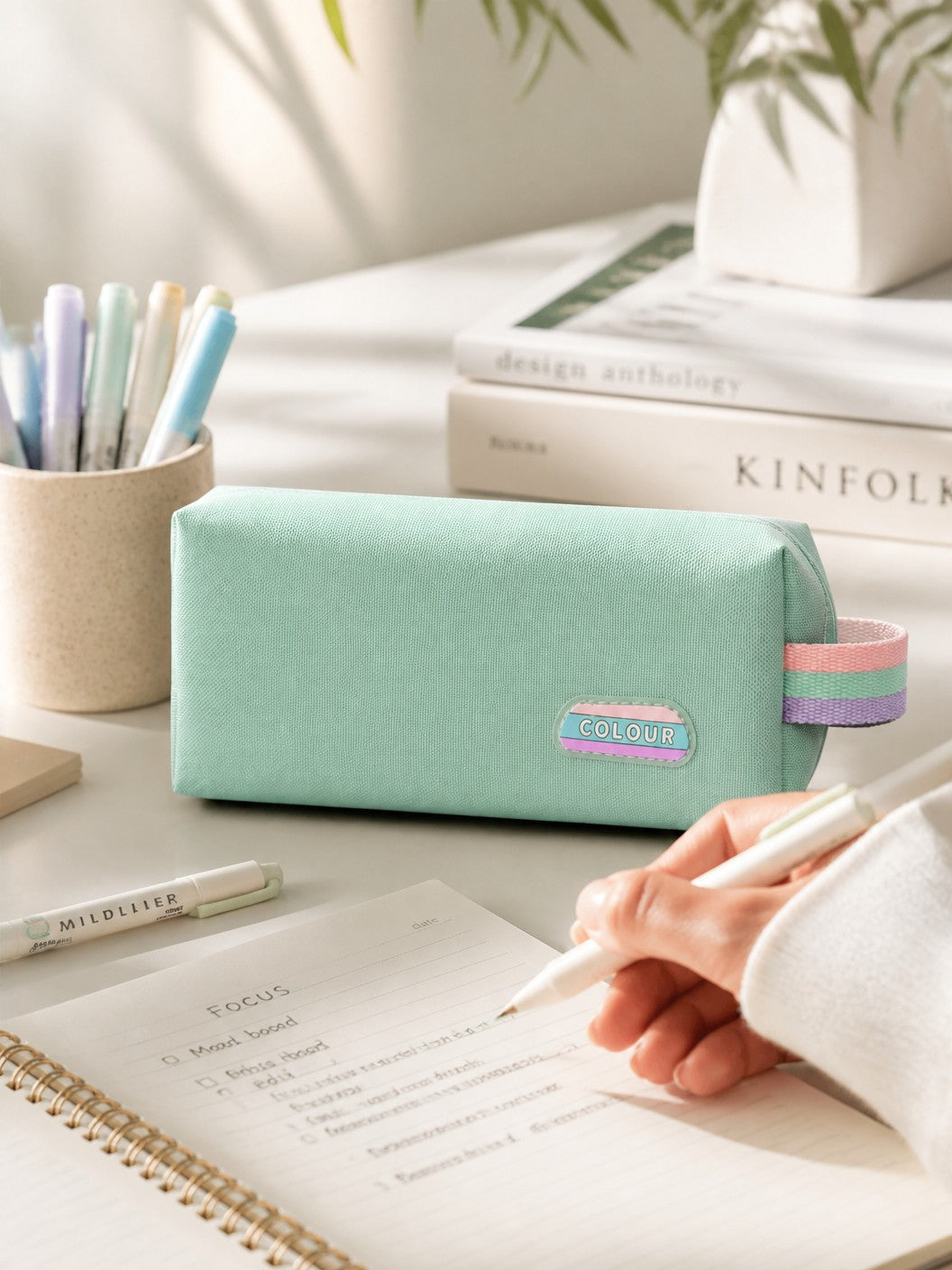 Colour Pencil Case Pouch, Pink, Canvas with Zipper | Rainbow Zipper Pull, Compact Box Style, Canvas Material, Kids &amp; Students, Pastel Design