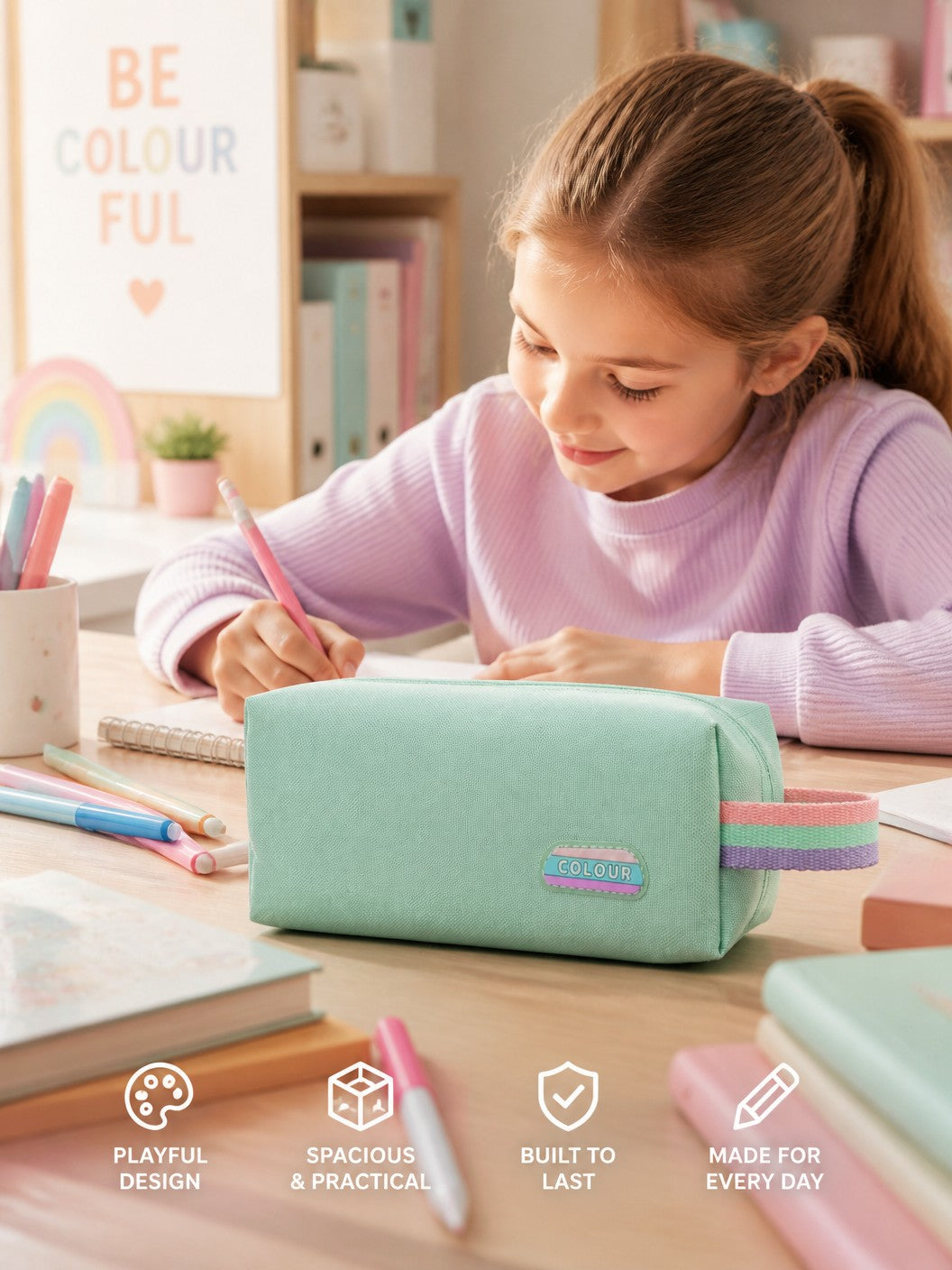 Colour Pencil Case Pouch, Pink, Canvas with Zipper | Rainbow Zipper Pull, Compact Box Style, Canvas Material, Kids &amp; Students, Pastel Design