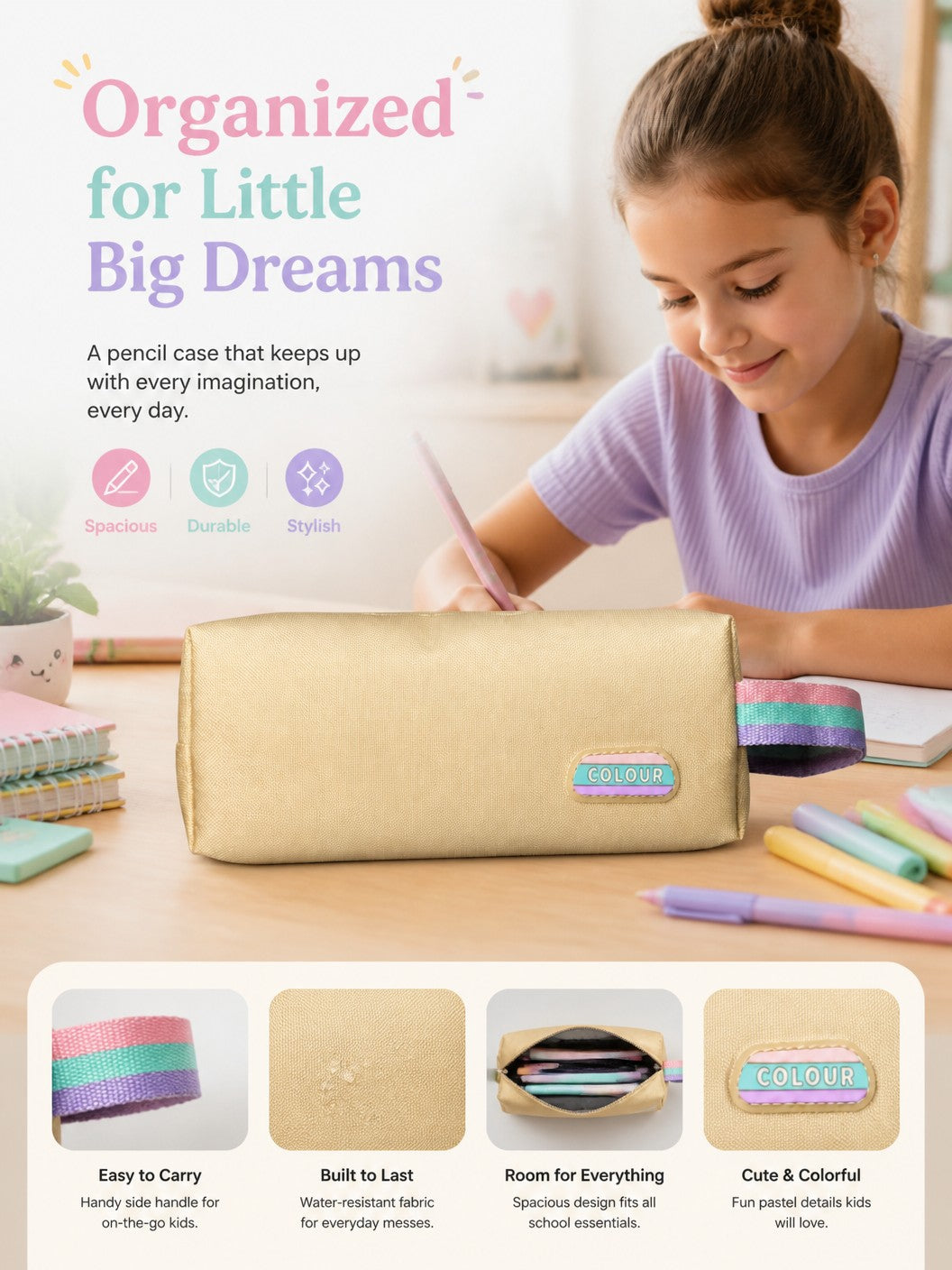 Colour Pencil Case Pouch, Pink, Canvas with Zipper | Rainbow Zipper Pull, Compact Box Style, Canvas Material, Kids &amp; Students, Pastel Design