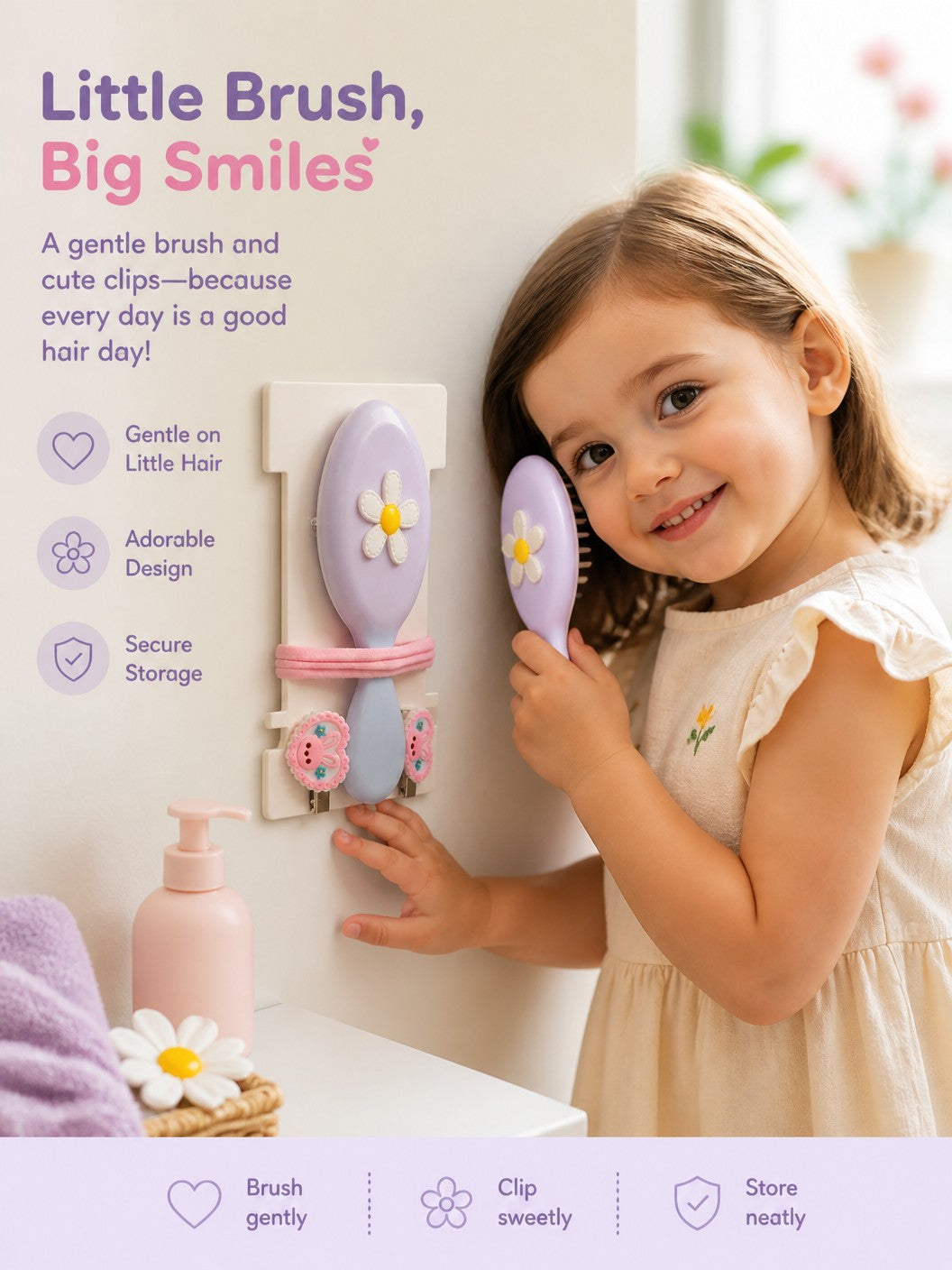 Girls Green Hair Brush Set with Clips and Hair Tie | 4-Piece Set, Cartoon Character Clips, Daisy Flower Design, Kids Hair Accessories, Mini Detangling Brush