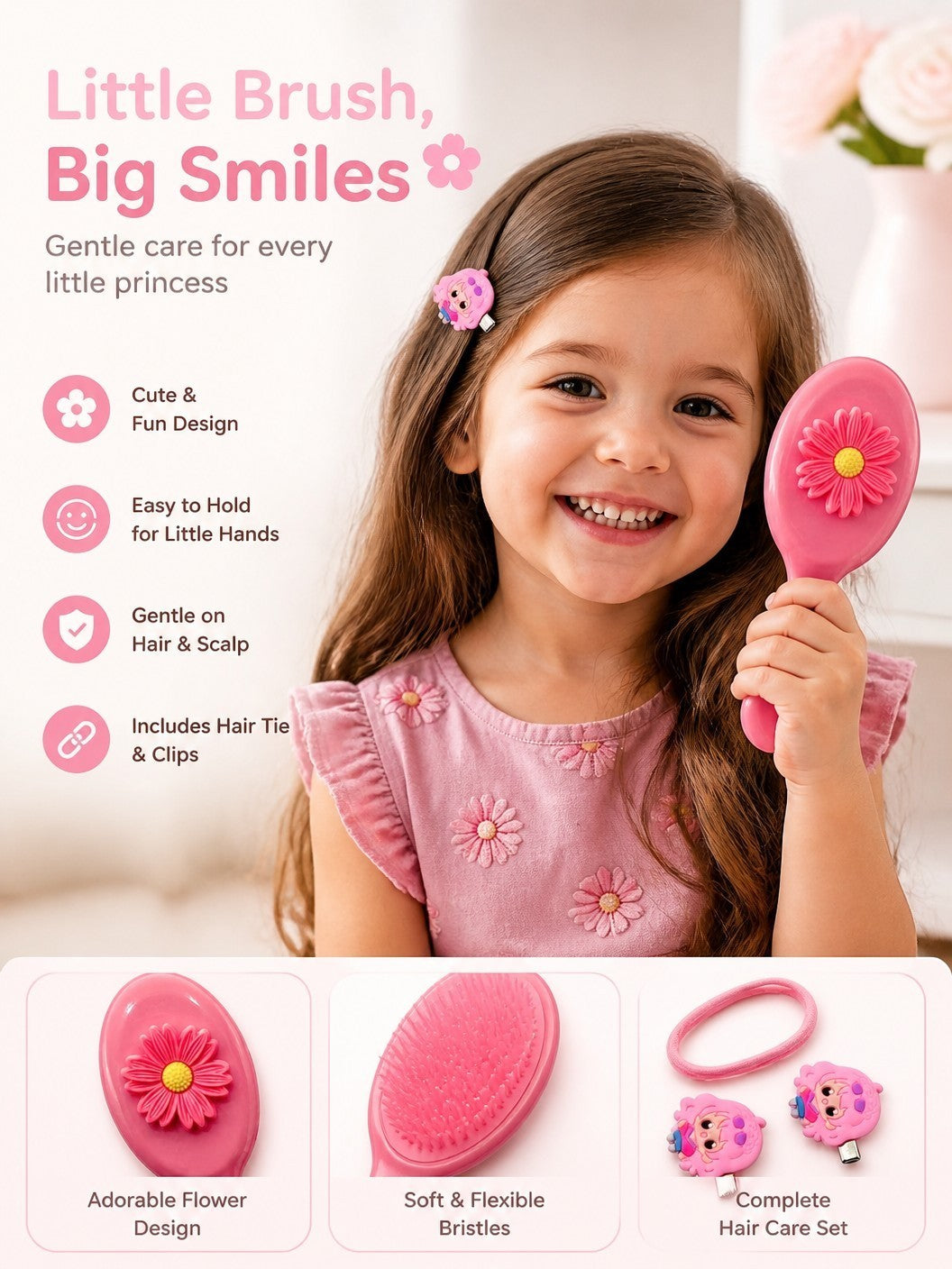 Girls Green Hair Brush Set with Clips and Hair Tie | 4-Piece Set, Cartoon Character Clips, Daisy Flower Design, Kids Hair Accessories, Mini Detangling Brush